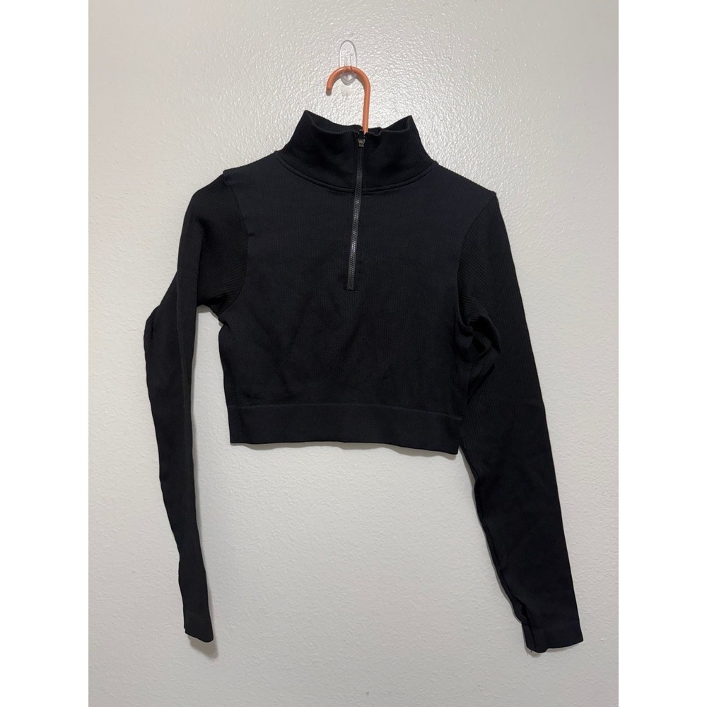 O to S Women's 1/4 Zip Mock Neck Crop Top Black Size Large